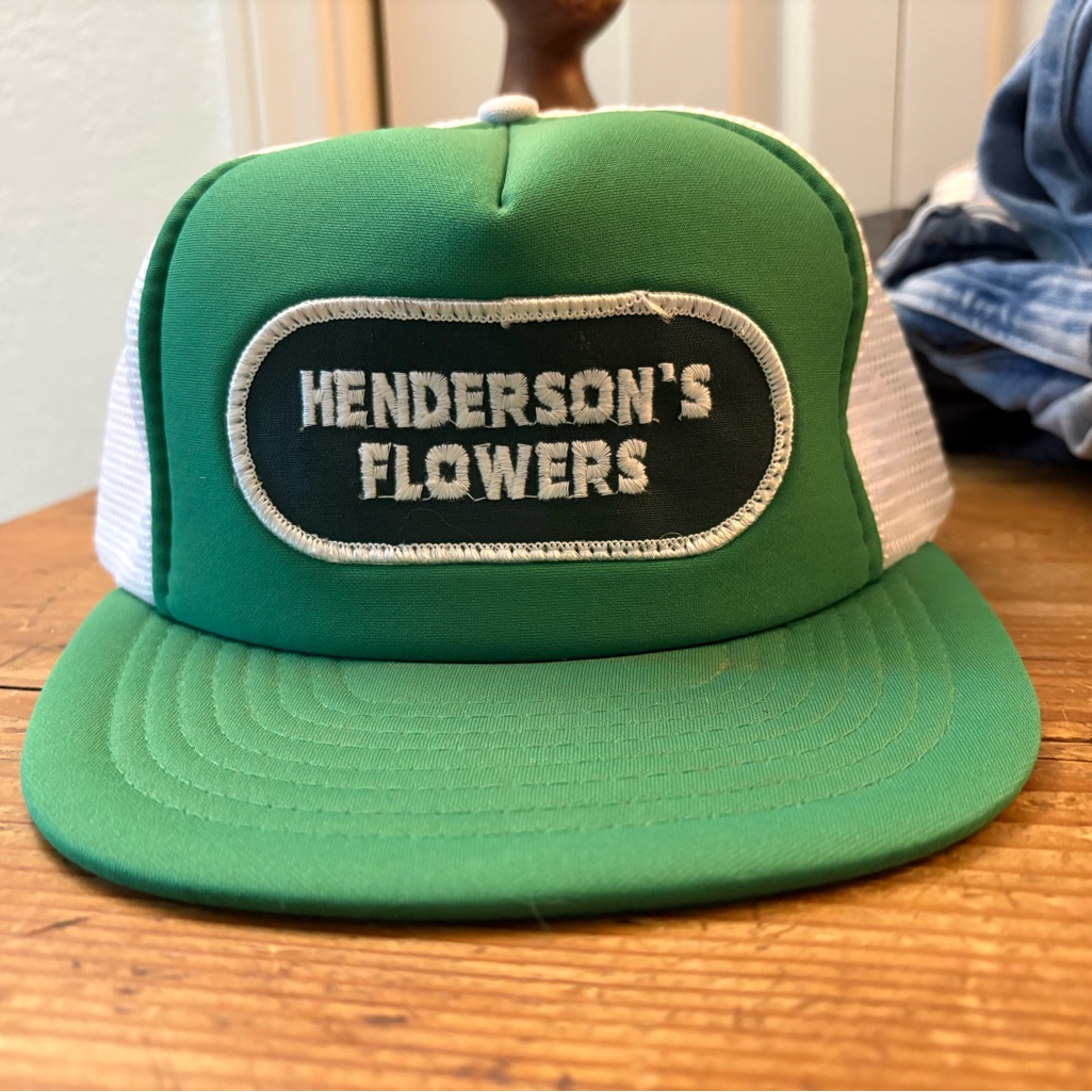Vintage Hendersons Flowers GreenWhite Mesh Trucker Hat